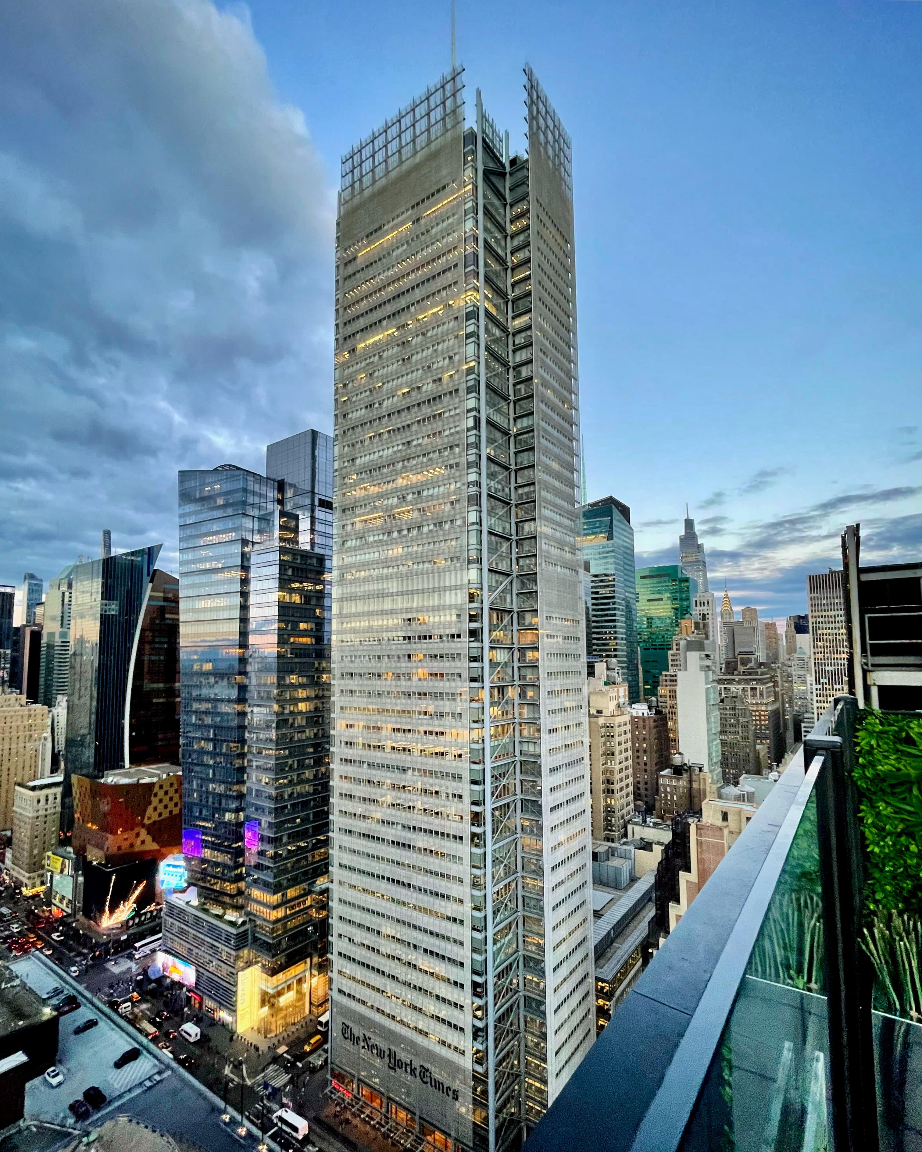 The New York Times Building exterior at sunset